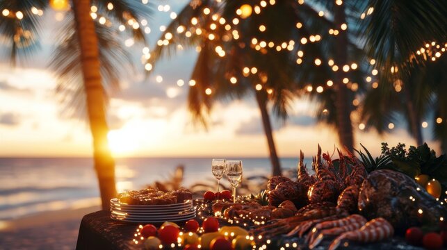 Christmas dinner celebration on an outdoor table by the beach under palm trees at sunset