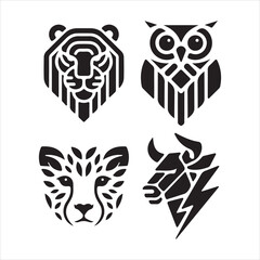 Geometric animal heads, including tiger owl leopard and bull icons
