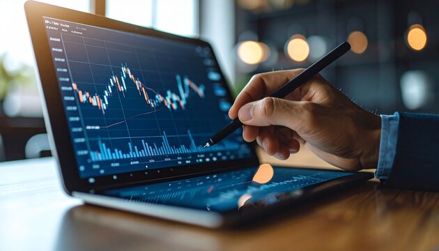A scene where a stock chart is operated with a stylus pen on a tablet screen
