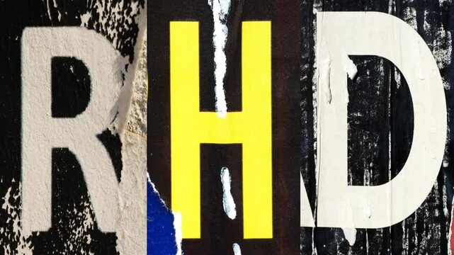 Old colorful posters ripped torn crumpled paper abstract grunge texture wall backdrop placard surface, seamless loop collage urban street posters slideshow background of alphabet letters