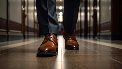Fototapeta premium Close-up of Businessman Walking in Brown Leather Shoes