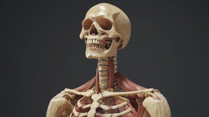 Human skull with visible neck muscles and upper skeleton on dark background.