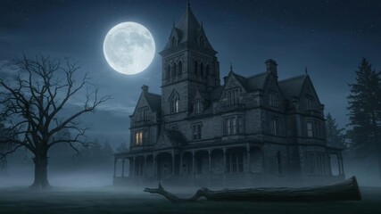 Haunted Victorian house shrouded in mist on a mysterious full moon night - Powered by Adobe