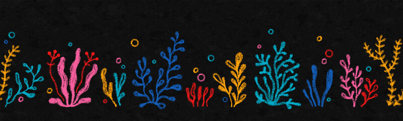 Sea coral and plants drawn with crayon pencils. Seamless horizontal pattern with underwater marine reef elements. Color crayon doodle icons of ocean seaweed, vector illustration on grunge background