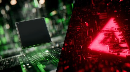 Futuristic microchip and red triangle technology concept on digital background.
