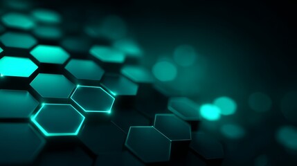 Glowing teal hexagons forming a futuristic tech pattern on dark background.