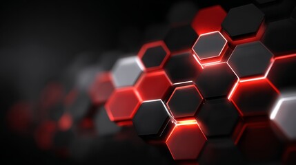 Glowing black and red hexagonal shapes forming futuristic digital structure.