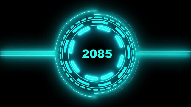 3d text animation 4k video. 2085 text with screen effects of technological failures. Concept of counting years. Past year technology concept on black background.