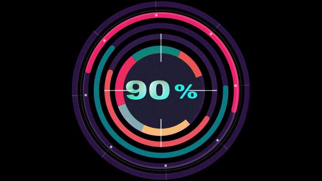 Chargement num&eacute;rique &agrave; 90 %, puis 100 % interface futuriste  effets de glitch et cercles concentriques color&eacute;s sur fond sombre, design technologique pour &eacute;cran de progression ou interface de donn&eacute;es