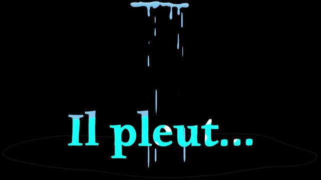 Texte en fran&ccedil;ais "Il pleut...", animation de gouttes et d&rsquo;&eacute;claboussures bleues sur fond noir, style dessin anim&eacute;, th&eacute;matique m&eacute;t&eacute;o et pluie
