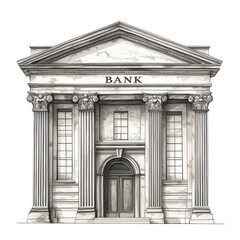 Classic Bank Building Architectural Drawing Black and White, isolated on a transparent background
