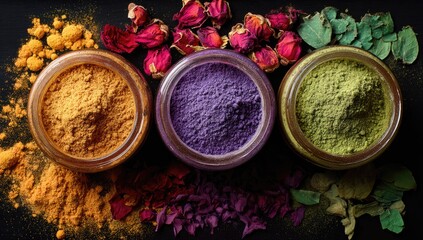 Three glass jars of vibrant yellow, purple, and green powders sit on a dark surface, surrounded by their respective dried flower and leaf components. 
