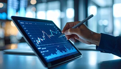 A scene where a stock chart is operated with a stylus pen on a tablet screen
