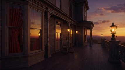 Serene Victorian house porch view at sunset with warm glowing lanterns - Powered by Adobe
