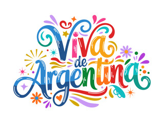 Viva de Argentina alternate style, turquoise and yellow flourishes, celebratory hand lettering, Latin fiesta theme, vector illustration