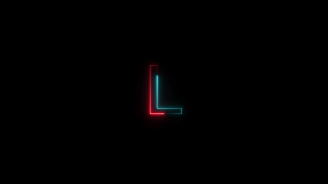 Letter L . red and cyan Neon Futuristic Effect. Trendy Glow Lighting. 4k animation on black background 