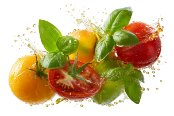 Fresh tomatoes and basil create vibrant composition, showcasing beauty of Italian ingredients. splash of water adds refreshing touch, enhancing visual appeal