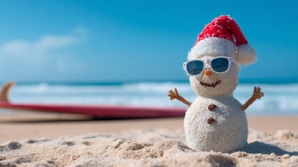 Happy sand snowman wearing sunglasses celebrates Christmas on a sunny beach in Australia during summer