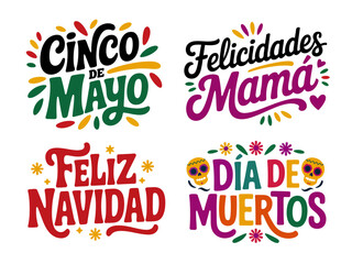 Spanish holiday lettering set cinco de mayo feliz navidad dia de muertos felicidades mama, festive typography vector, celebration phrase collection, bright hand drawn script, isolated background