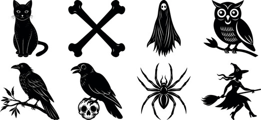 Fototapeta premium Black and white halloween vector silhouette set with spooky icons.