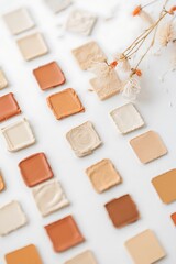 Fototapeta premium Flat Lay of Various Skintone Foundation Swatches with a Dried Botanical Sprig on a White Background