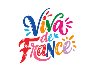 Obraz premium Viva France decorative lettering, tricolor ribbon and star accents, national pride celebration design, travel poster graphic, elegant badge label, isolated background, vector illustration