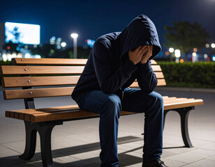 Mężczyzna w kapturze siedzący na ławce – depresja