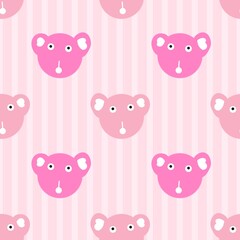 Cute pink bear faces on soft pastel vertical stripes, forming a seamless and playful pattern perfect for baby products, textiles, and modern decorative designs.