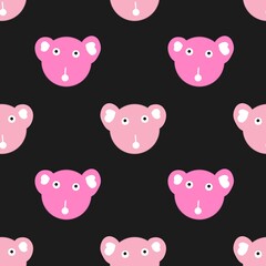 Abstract pink bear faces with minimal features repeat on a dark background, forming a playful and modern seamless pattern design.