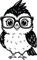 Cute and charming vector illustration of a cartoon bird wearing stylish glasses, a playful black and white design for educational projects, apparel, and children's themes.