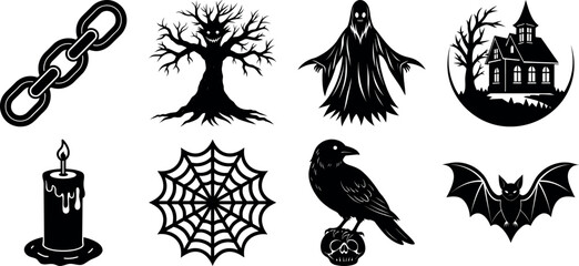 Black and white halloween vector silhouette set with spooky icons.
