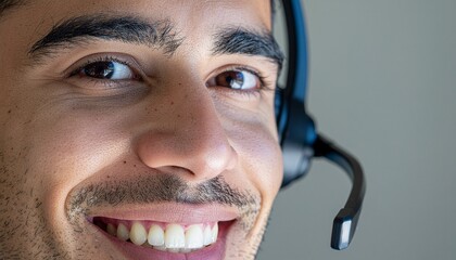Close-up of a friendly male customer service representative with a headset smiling, providing support.