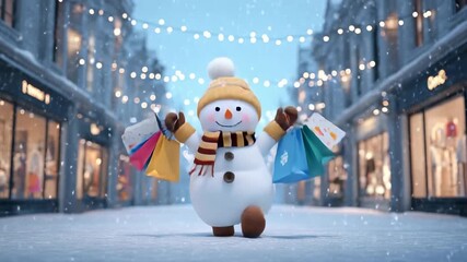 Snowman with colorful shopping bags on snowy street under festive lights during winter holiday season - Powered by Adobe