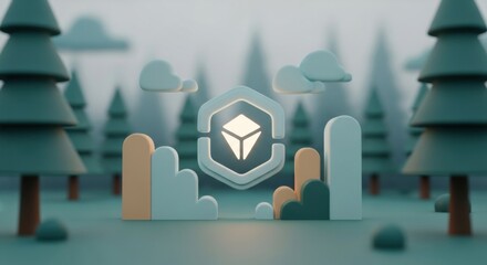 Digital Blockchain Icon in Forest of Abstract Trees with Cloud Elements in Soft Blue and Beige Tones