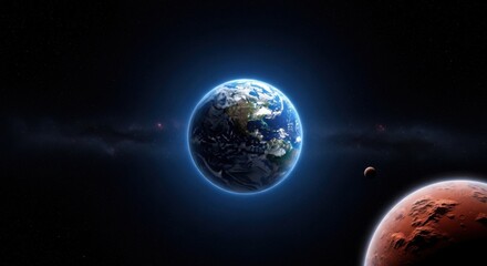 Earth and Mars in Space with Stars and Planetary Moons