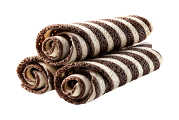 Delicious Three Brown Striped Wafer Rolls, isolated on transparent background, PNG