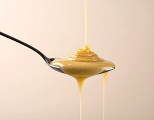 Close-up of creamy peanut butter dripping from a spoon in a smooth swirl against a neutral background. Generative AI