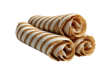 Authentic Three Brown Striped Wafer Rolls, isolated on transparent background, PNG