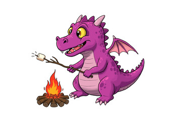 Fototapeta premium Cartoon Purple Dragon Roasting Marshmallow by Campfire