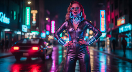 Retro-futuristic woman in 1970s metallic jumpsuit with glowing accessories on neon city street, cinematic cyberpunk fashion photography
