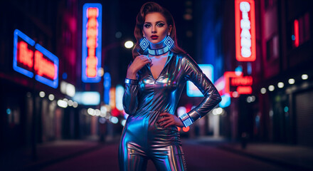 Retro-futuristic woman in 1970s metallic jumpsuit with glowing accessories on neon city street, cinematic cyberpunk fashion photography