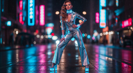 Retro-futuristic woman in 1970s metallic jumpsuit with glowing accessories on neon city street, cinematic cyberpunk fashion photography