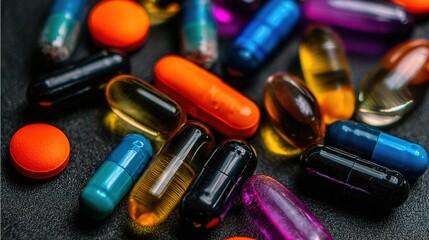 Macro Photography of Various Pills and Capsules – Close-Up Shots Highlighting Textures, Colors, and Intricate Details of Medicinal Tablets, Gel Capsules, and Pharmaceutical Forms