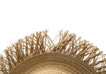 Extreme macro detail of a frayed natural straw hat edge on a seamless transparent background with even studio lighting, focusing on intricate broken plant fibers, Concept of natural texture and