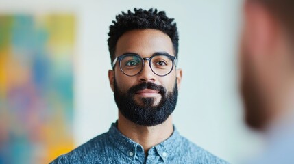 Focused and serious looking ethnic man with beard and glasses collaborating on a creative project with colleagues in a modern office or studio setting