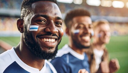 Smiling Sports Fans Cheering with Face Paint at Outdoor Stadium