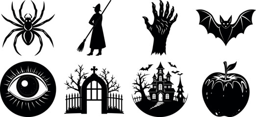 Black and white halloween vector silhouette set with spooky icons.