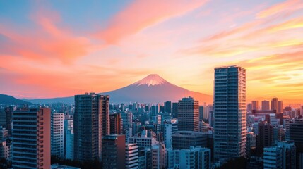 Obraz premium Vibrant cityscape with towering skyscrapers and modern architecture against a backdrop of a majestic mountain peak captured during a dramatic sunset with vibrant orange and pink hues in the sky