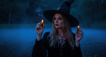 Woman in witch hat holding smoking potion bottles with blue atmosphere. Halloween enchantress with magical elixirs for spooky celebration and mystical ritual entertainment