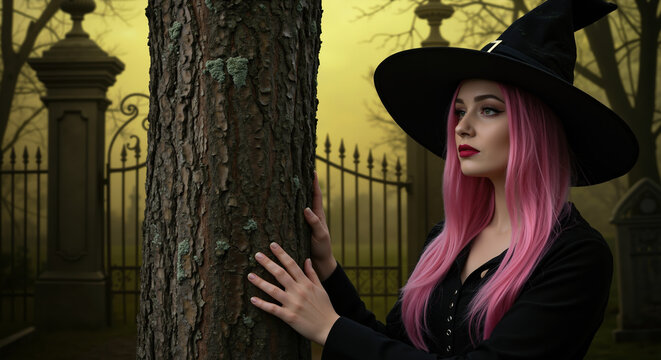 Woman in witch hat with pink hair touching tree trunk. Halloween enchantress character for spooky celebration and gothic themed party entertainment